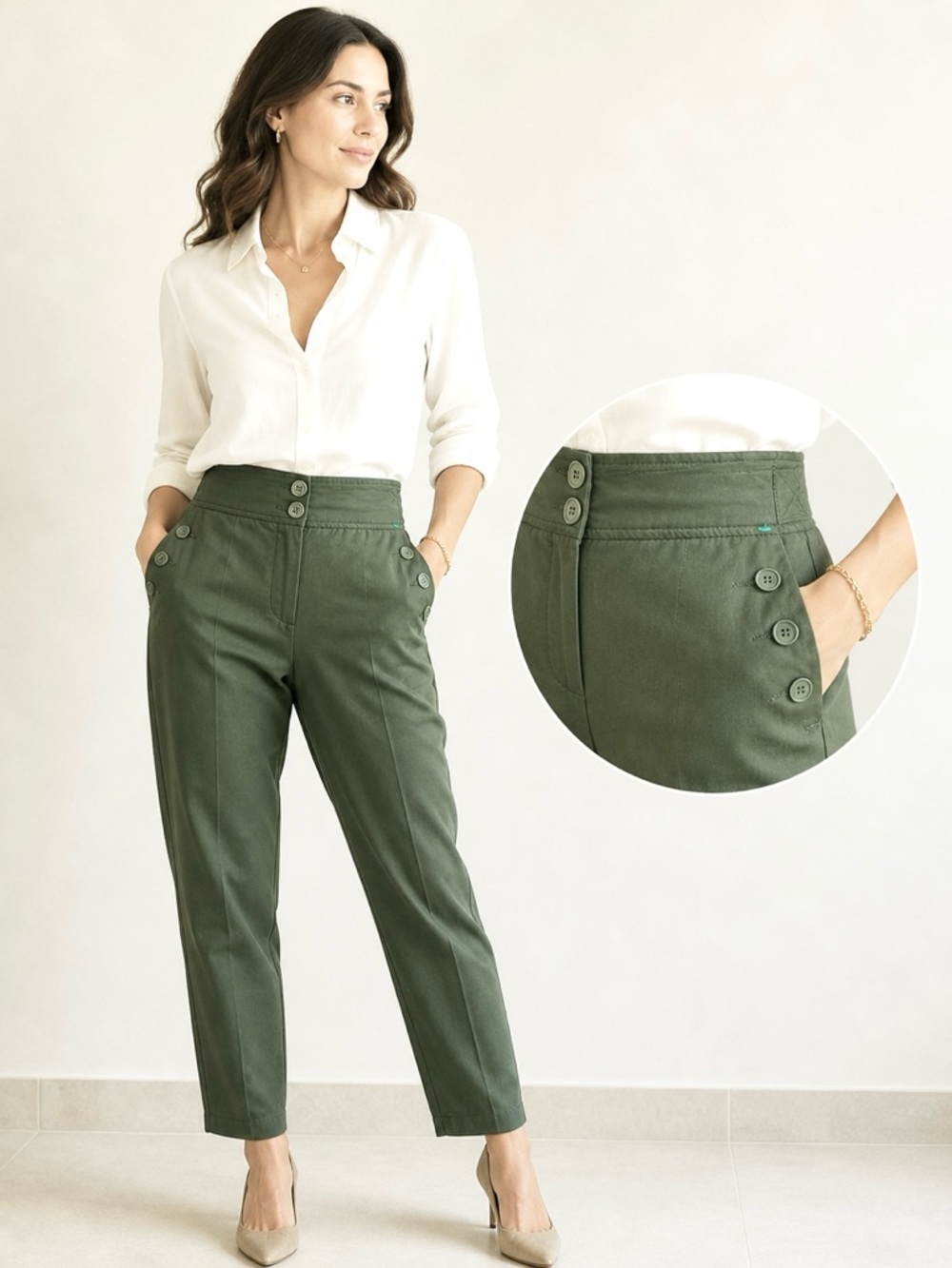 Sag Harbor Ankle Casual Pants Sailor Buttons Flat Front Tapered Leg Lightweight